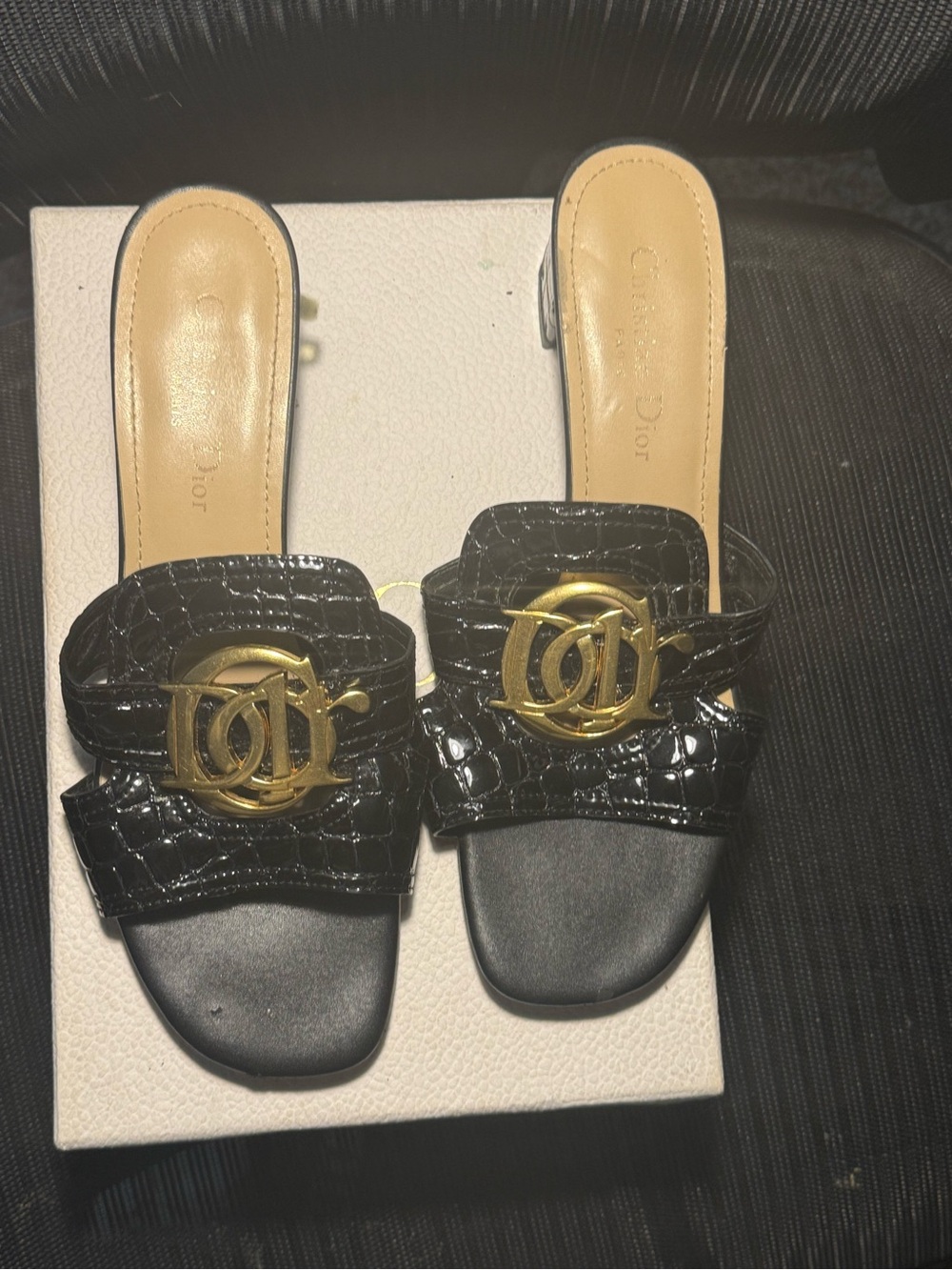 Dior Black Croc-Embossed Slide Mules with Gold CC Logo (Size EU 42).